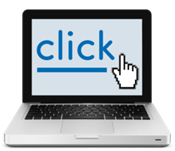 A laptop with the word 'Click' on the screen.