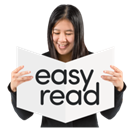 A woman smiling, holding a book with the words 'easy read'