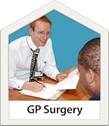 A GP (doctor) looking at a patient during an appointment. At the bottom of the image are the words 'GP surgery'
