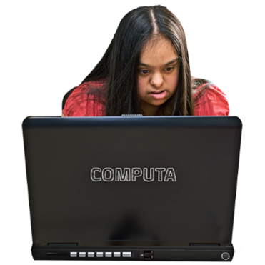 A woman looking at a laptop.
