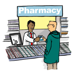 A illustration of a pharmacy counter depicting a pharmacist handing a patient some medication