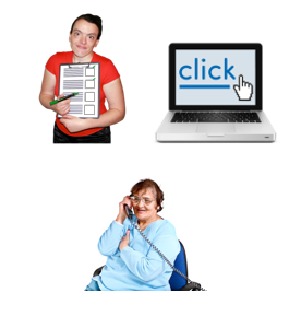 Person using telephone and smiling, a laptop with the word 'Click' on the screen, and a woman holding a paper survey.