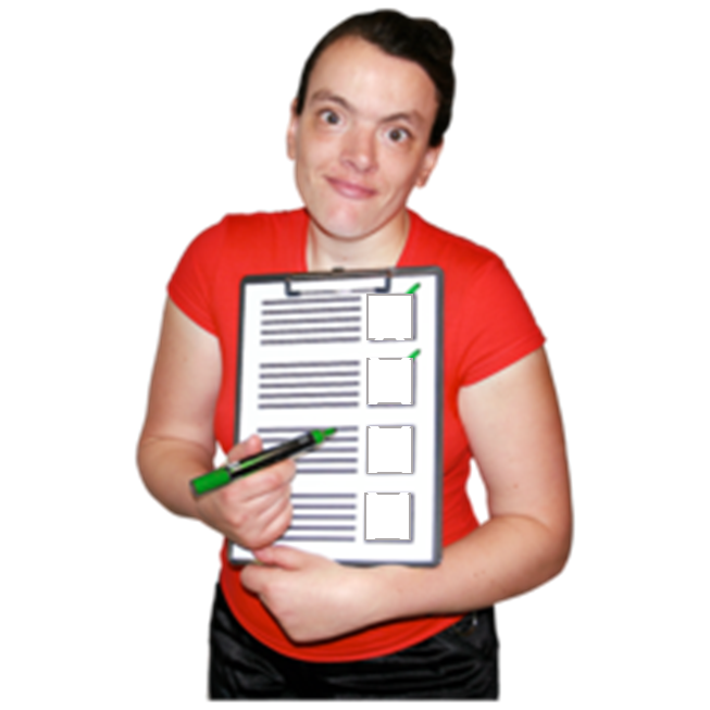 A woman holding a paper survey. She has put one cross in the box on the survey.