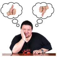 A man sat at a desk looking confused. There is a thought bubble to his left with an image of a 'thumbs up' and a thought bubble to his right with an image of a 'thumbs down'.